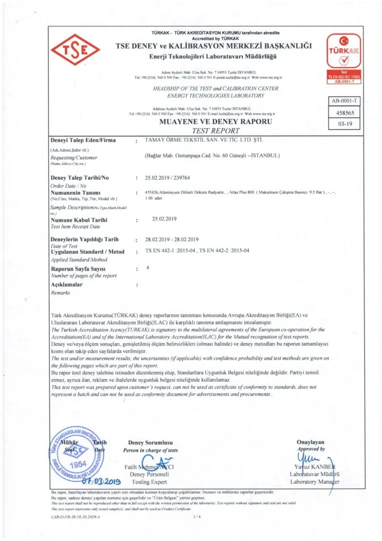 Atlas Plus 900 TSE Test Raporu sayfa 1