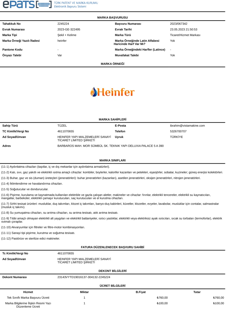 Heinfer Marka Patent sayfa 1