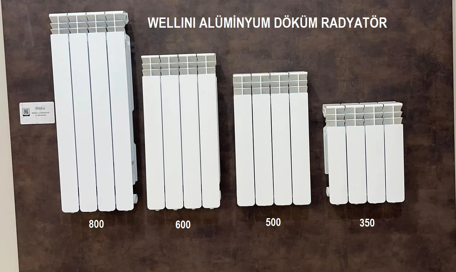Wellini alüminyum döküm radyatör 800, 600, 500 ve 350 mm eksen ölçüleri yan yana